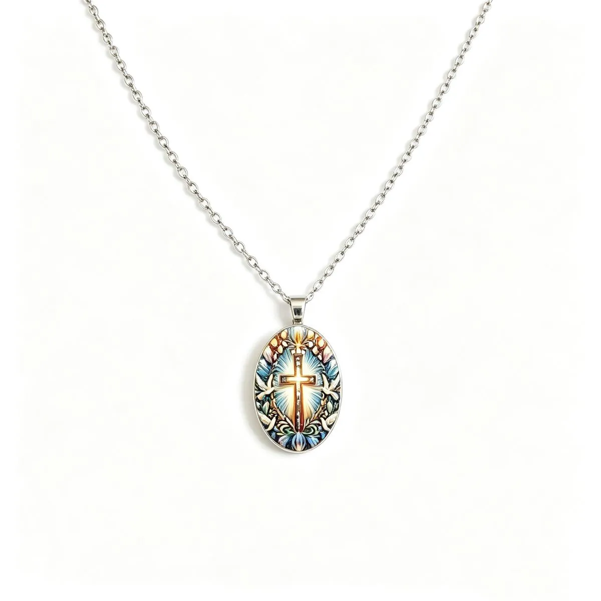 Vintage Stained Glass Cross & Peace Dove Pendant Necklace