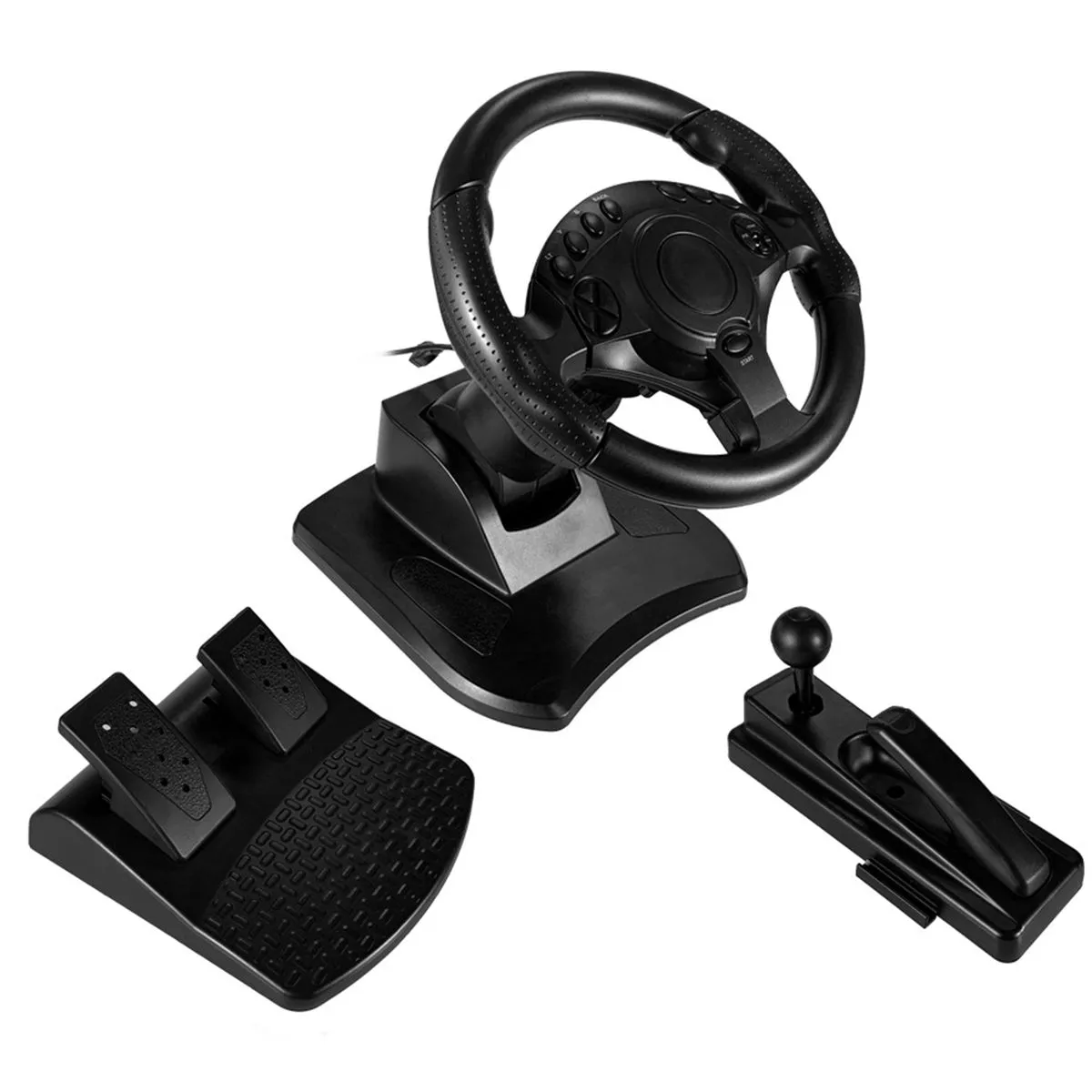 7-in-1 Racing Steering Wheel with Pedals and Gear Shifter - Black
