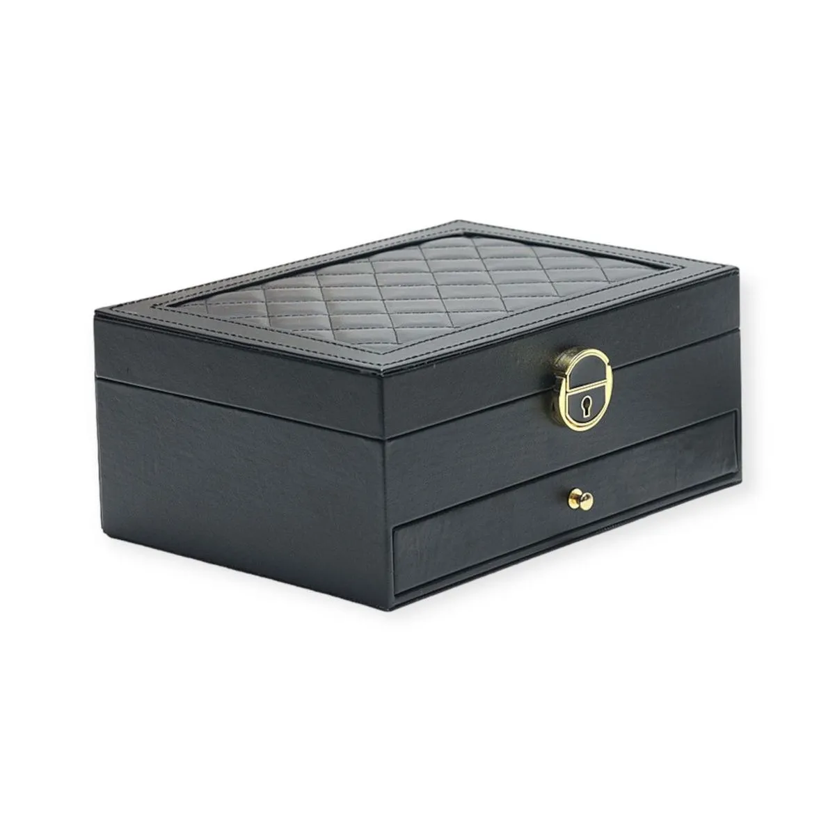 Multi-Compartment Lockable Jewelry Box Organizer with Mirror & Drawer - Black