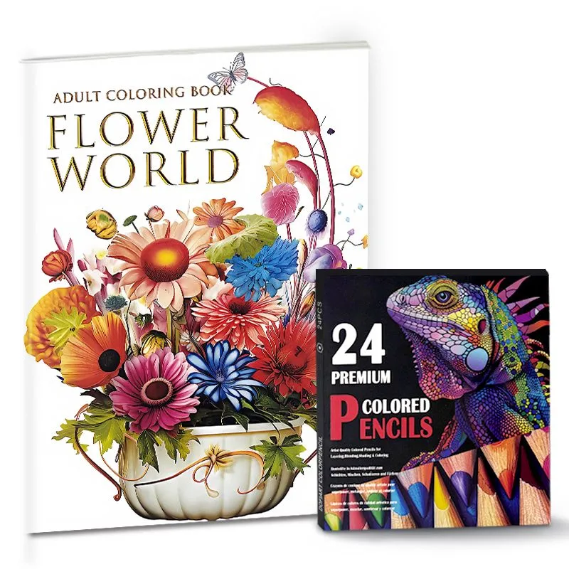 Blossom World Adult Coloring Book Gift Set with 24 Oil-BasedColored Pencils