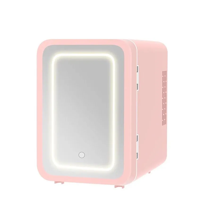 Mini Fridge With Touch LED Light Control & Mirror Finish For Home & Beauty - Pink
