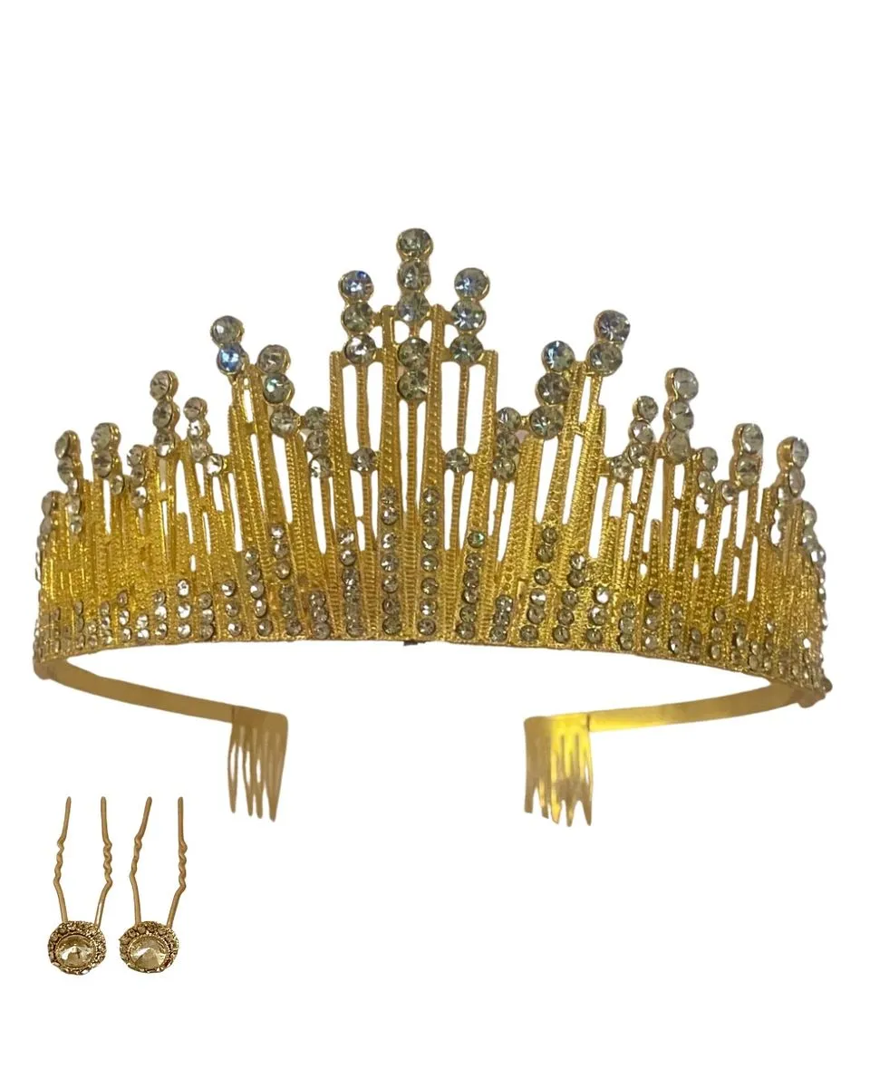 Rhinestone Crystal Tiara With 2 Rhinestone Hair Pins - Gold