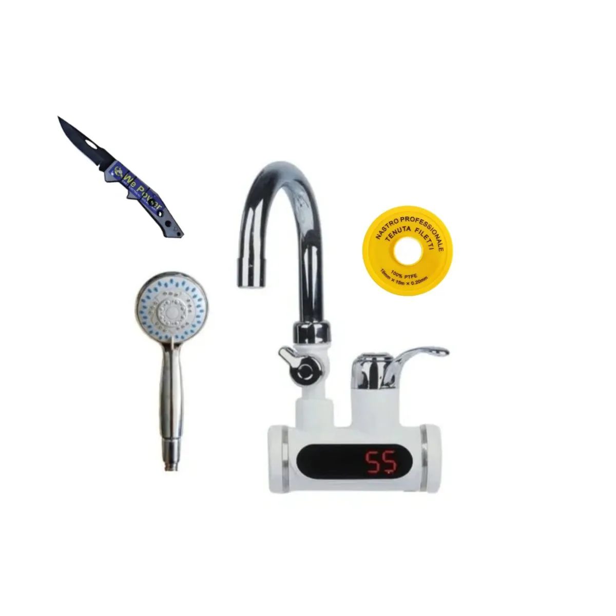 Water Heating Faucet with Shower Head, Plumbing Tape, Pocket Knife