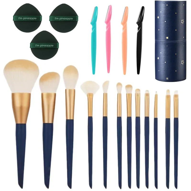 12 Pieces Makeup Brushes Set with 4 Eyebrow Razors & 3 Make-up Puff Sponges