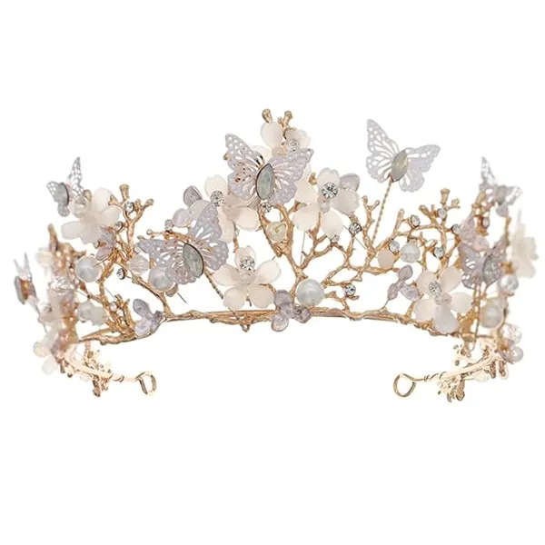 Bridal Pearl Crown Butterfly Wedding Crown - Rose Gold Pearl