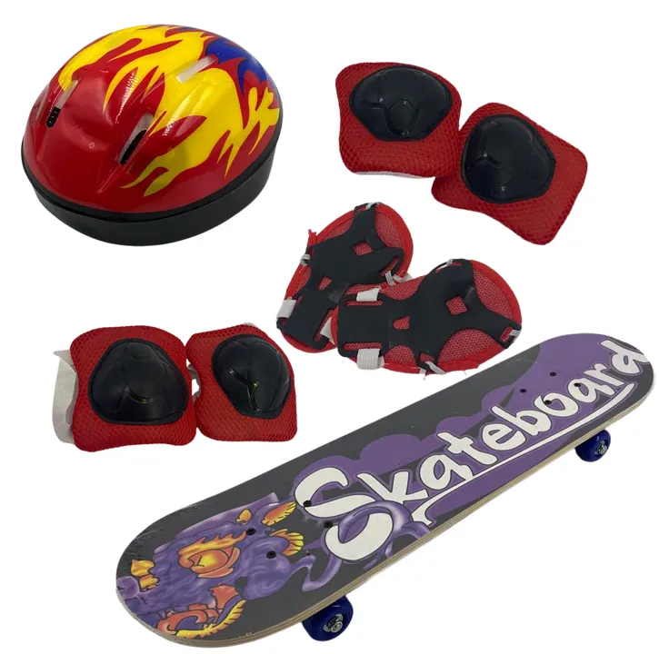 Skateboard With Protective Gear and Helmet - Black, Purple