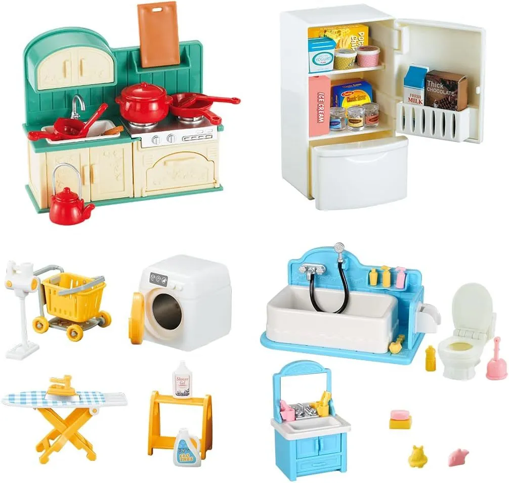 Dollhouse Furniture, Kitchen & Bathroom Toy Set,Fridge Washing Machine Set
