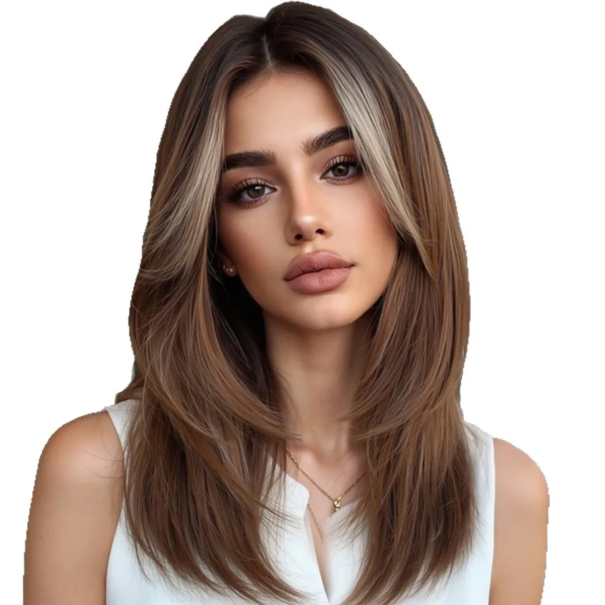 16 Inch Women's Full Wig Side Bangs Ombre Brown Layered Straight Hair