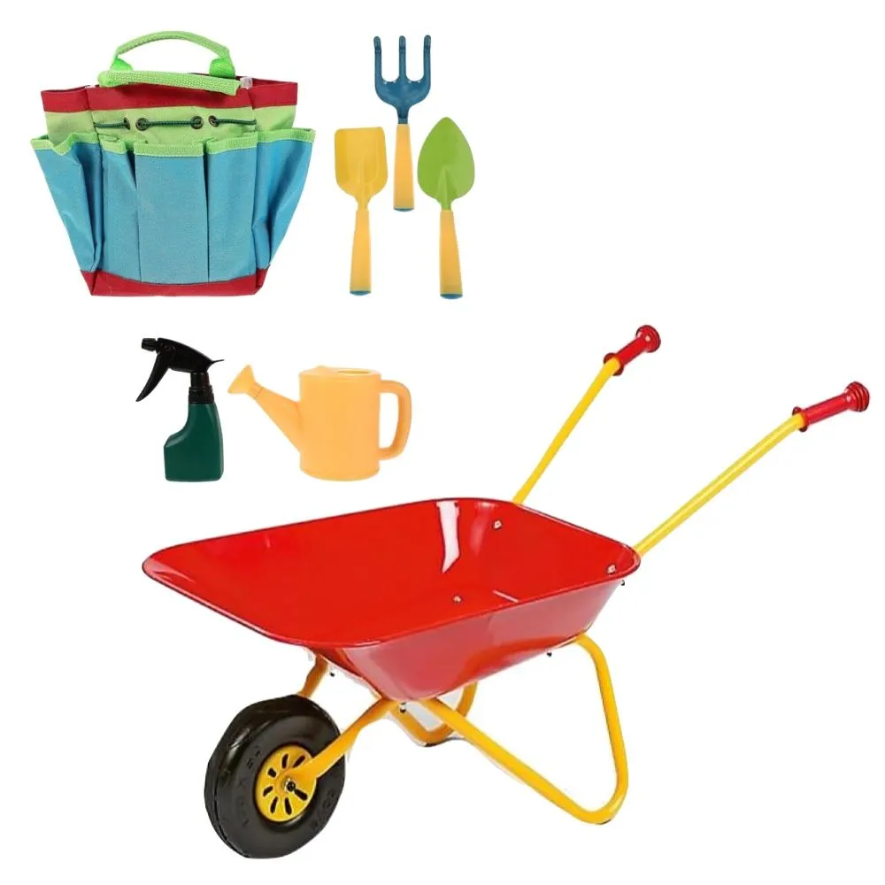 Toy Garden 6 Piece Kids Children Gardening Play Tools Set & Red Wheelbarrow