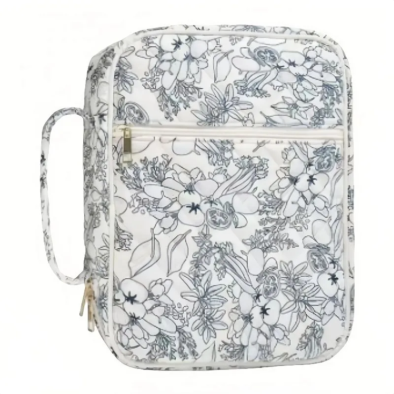Quilted Floral Book & Stationery Bag Portable Travel Storage Case for Books - Black