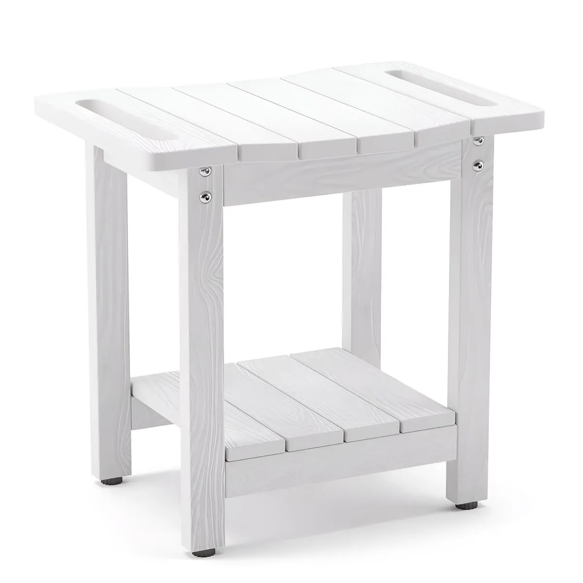 Wooden Shower Stool Bench with Non Slip Adjustable Feet - White