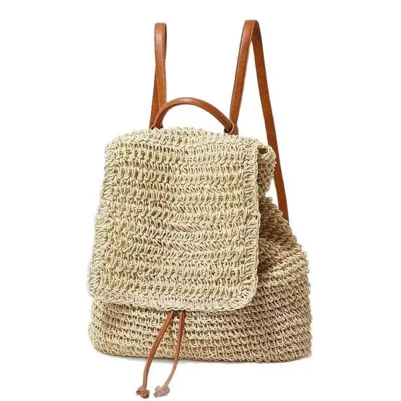 Vacation Style Straw Woven Backpack Vintage Drawstring Flap Woven Bag