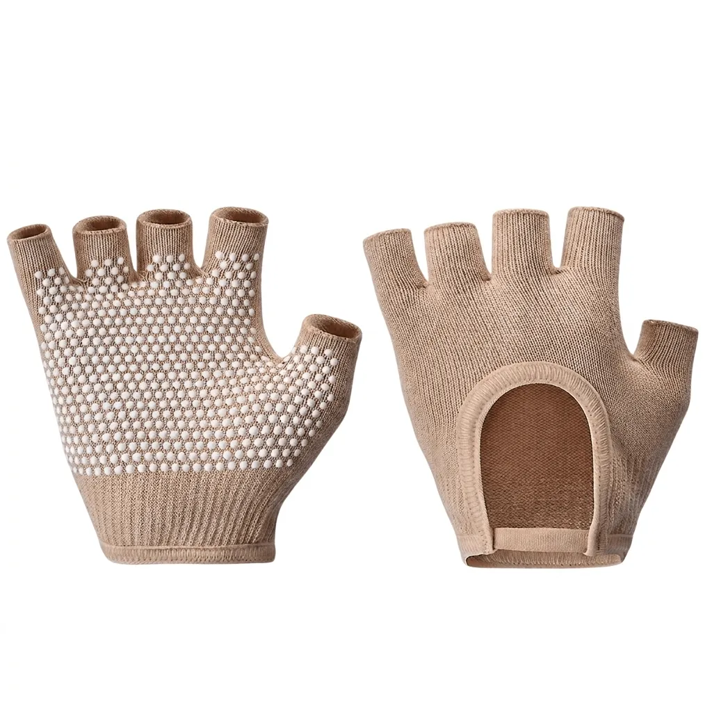Open-Finger Non-Slip Yoga Grip Gloves - Beige