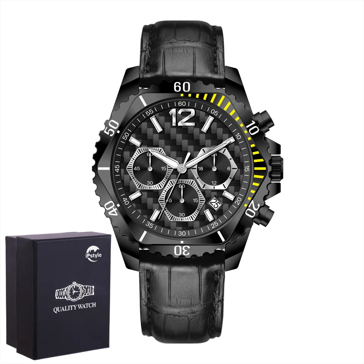 IPSTYLE Men's Watch Leather Quartz Waterproof Calendar Chronograph Watches - Black