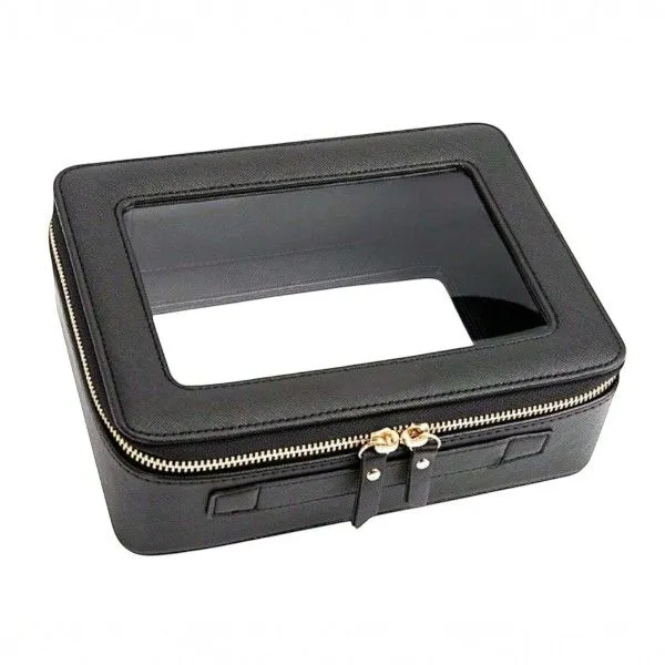 Zippered Makeup Storage Bag With Window Panel - Black