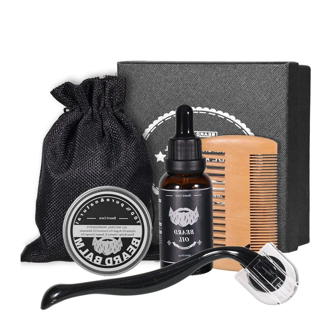 5 Piece Beard Care Kit for Men Grooming Gift with Shampoo Balm Oil Massager