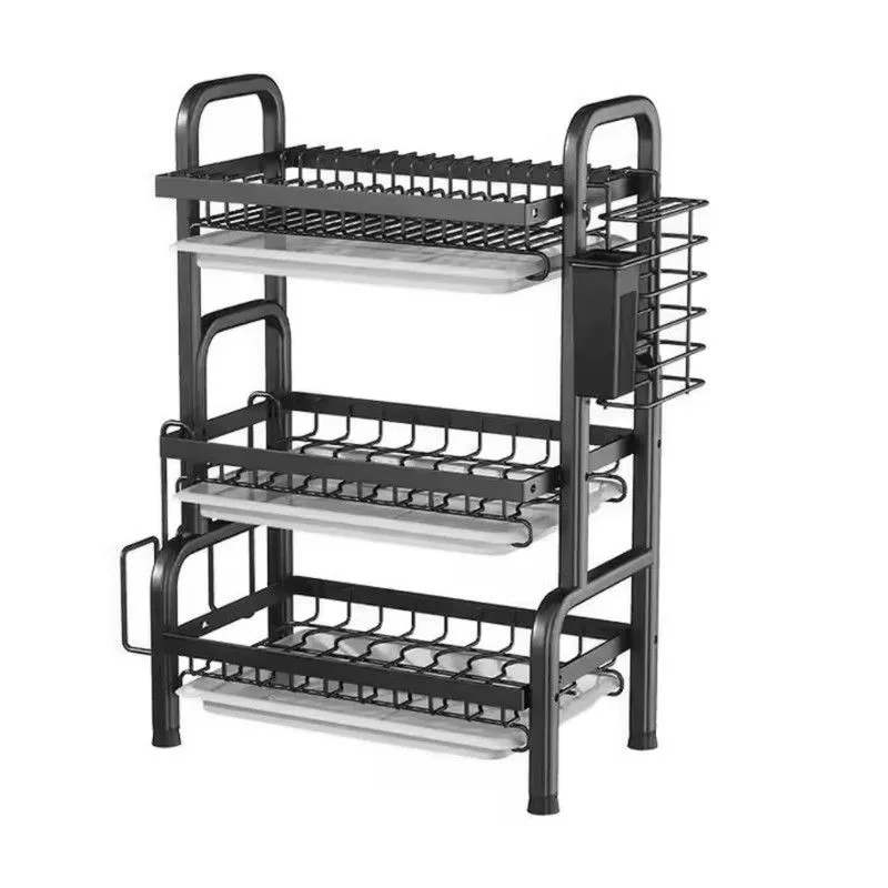 Dish Drying Mat, 3 Tier Dish Drying Rack with Drainboard - Black