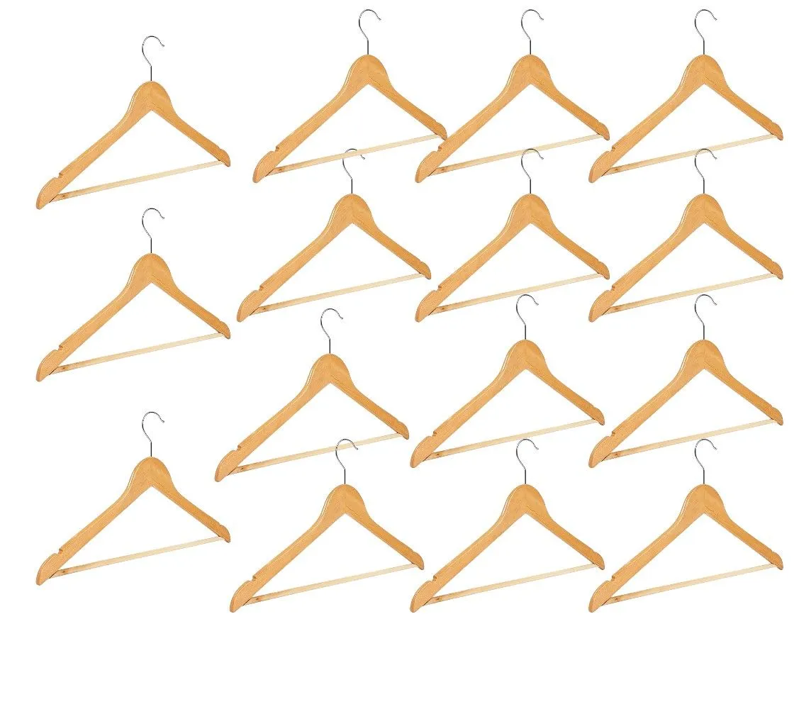 Natural Wooden Clothes Hangers with Trouser Bar - 15-Piece Set