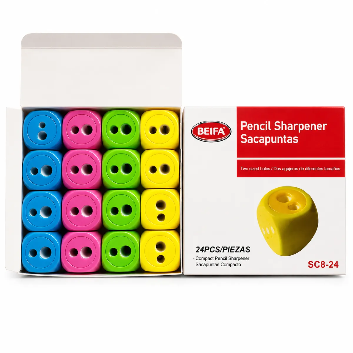 BEIFA Dual Hole Pencil Sharpener - Assorted Colours, 24 Pack