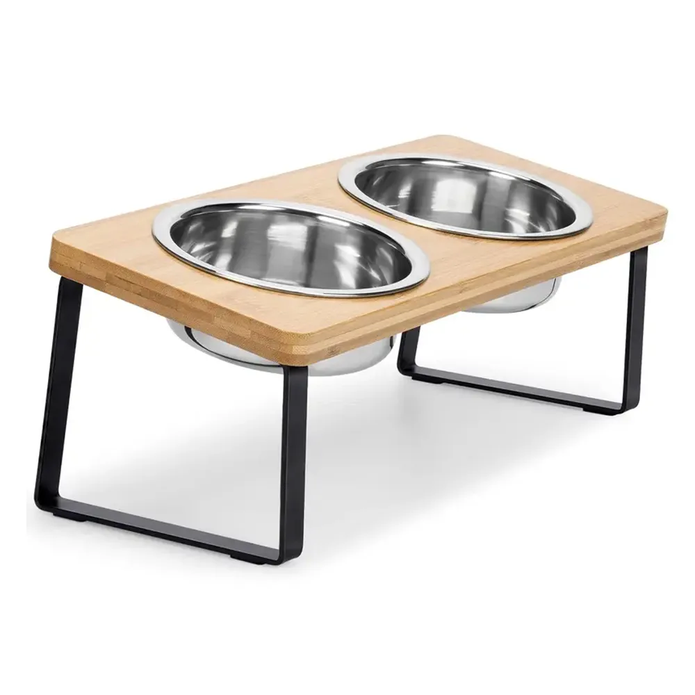 Ergonomic Elevated Bamboo Cat Feeding Station with 2 Stainless Steel Bowls