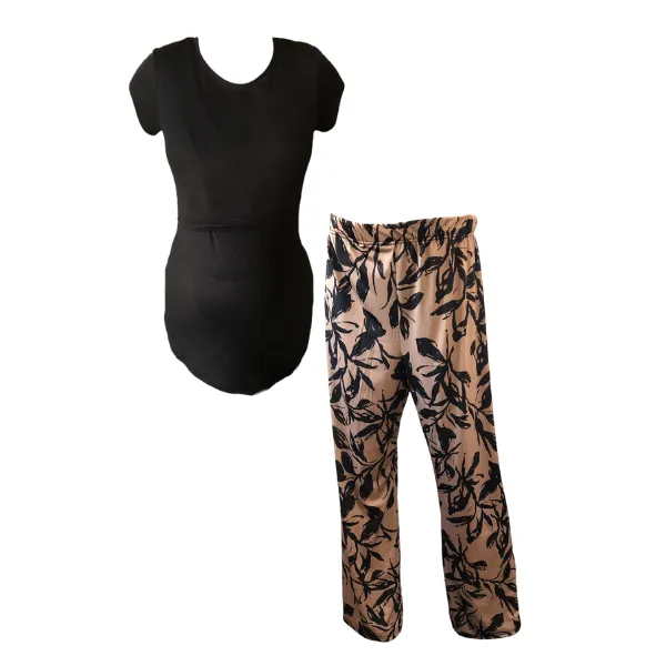 Maternity & Nursing - T-shirt and Wide leg pants Black Leaves