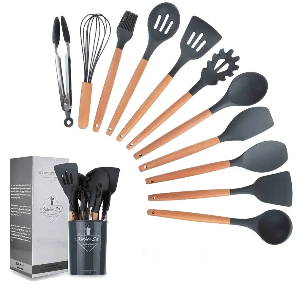 Set of 12 Silicone Kitchen Utensil Set - Black