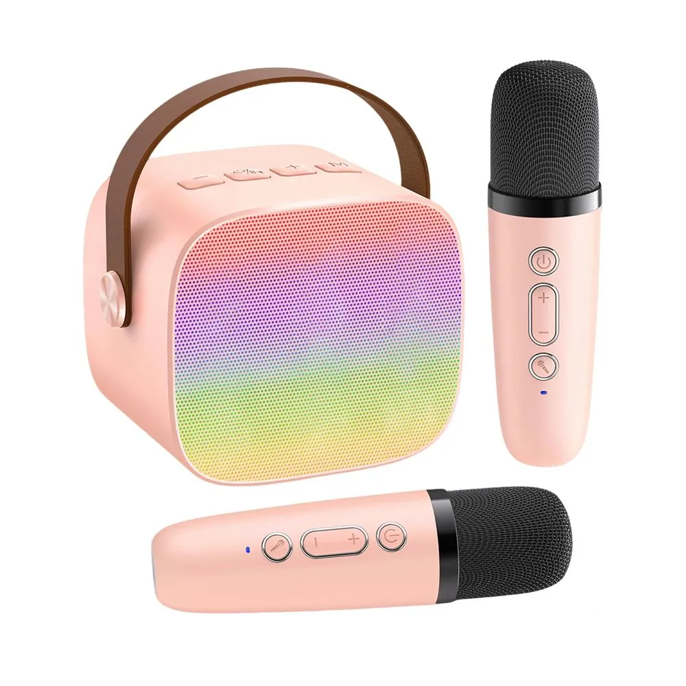 Mini Karaoke Machine, Bluetooth Speaker with 2 Wireless Microphones - Pink