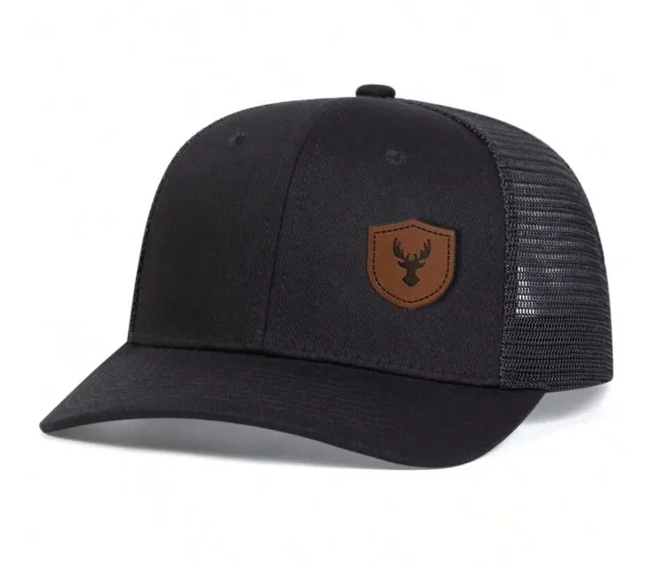 Mens Deer Leather Patch Trucker Cap - Black
