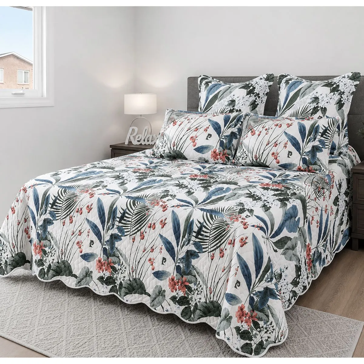 Pierre Cardin -5 Piece Printed Scalloped Quilt Set-260x230cm-Tropical Frond