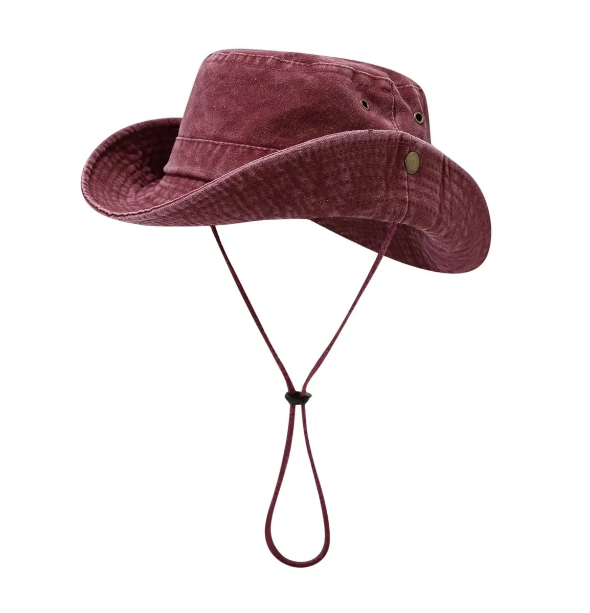 Khaki Stylish Wide-Brim Bucket Hat with Adjustable Strap - Burgundy