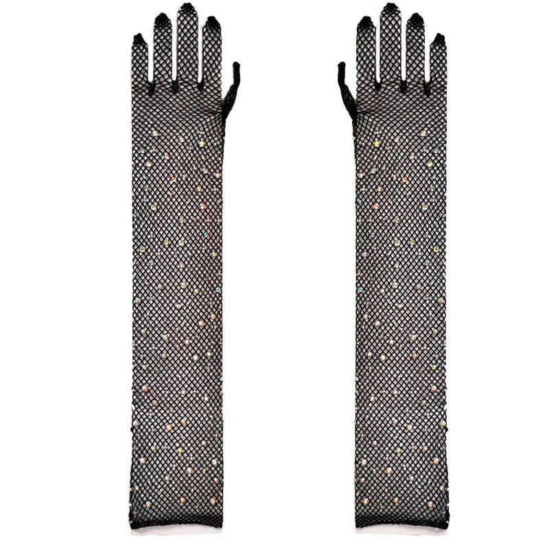 PremiumHot Stamping Fishing Net Gloves, Rhinestone Long Sleeves, Arm Covers