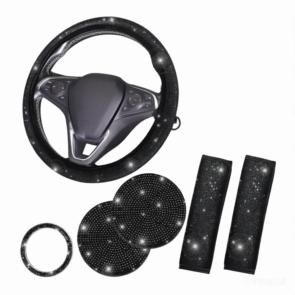Bling Car Accessories For Women,Steering Wheel Cover Set 7pcs - Black