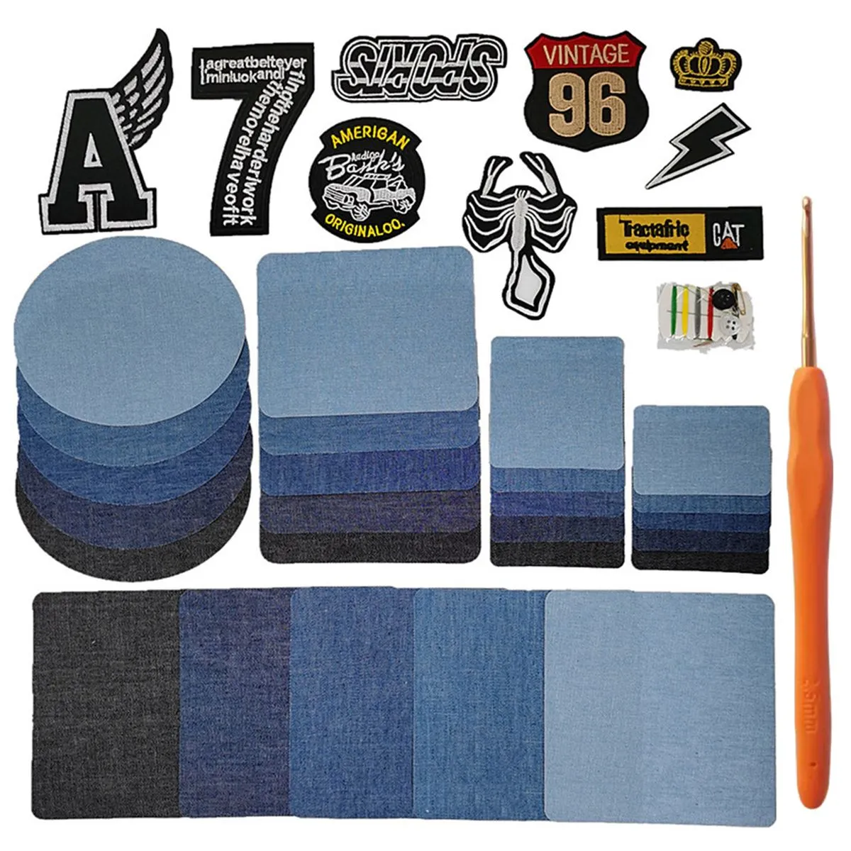 25 Pcs Iron-on Denim Repair Patch with 9 Pcs Embroideries and Repair Kit