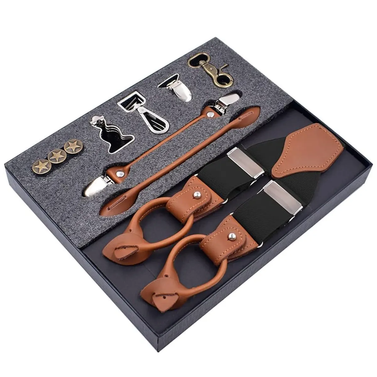 Men's Leather Suspenders Clip Casual Belt Trousers Solid Straight Strap Set - Black