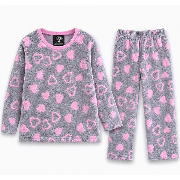 Secret Shield Girls Plush Heart Print Winter Pyjama Set
