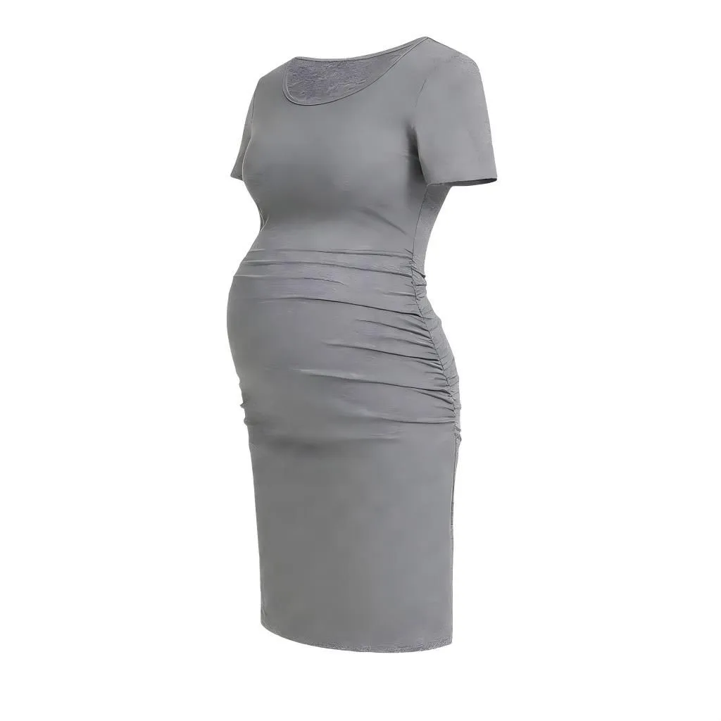 Women's Short Sleeve Ruched Side Bodycon Maternity Dress