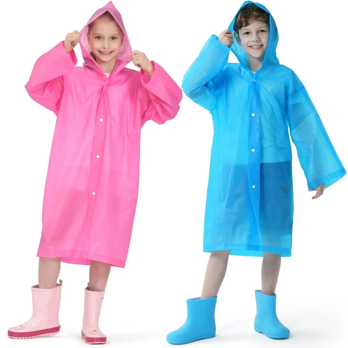 OQIMAX 2 Pack Kids Waterproof Rain Poncho Eva Reusable Hooded Raincoat