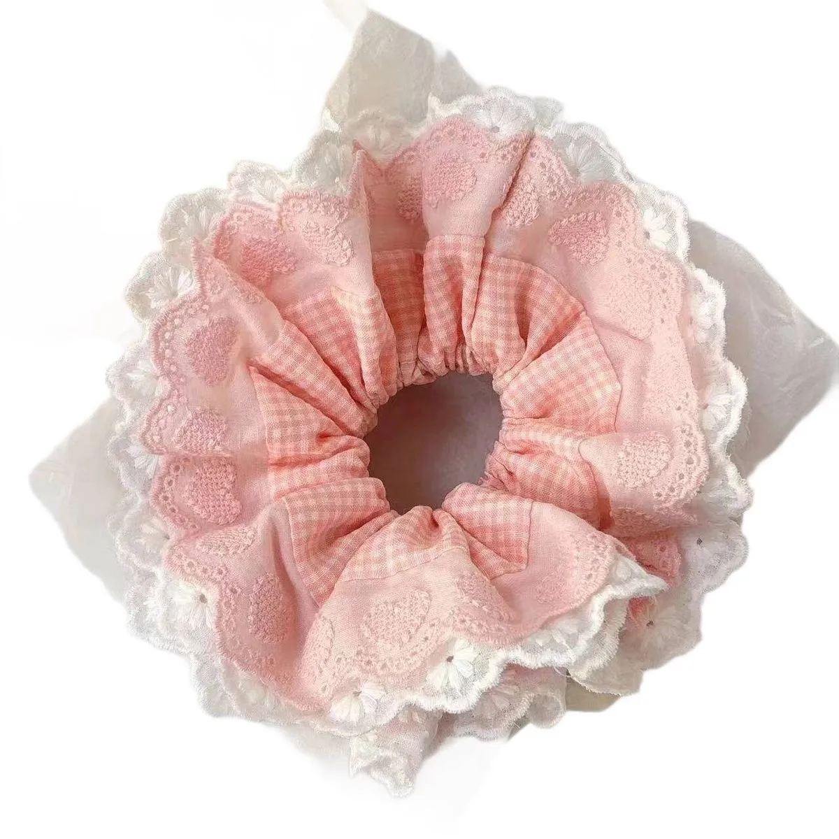 Lace Trim Plaid Fabric Hair Scrunchie, Sweet Daily Ponytail Hair Accessory