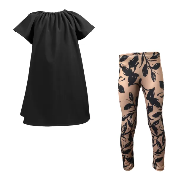 Baby/Toddler/Kids-Gathered Peasant Neck-Top&Capri Legging -Black Leaves