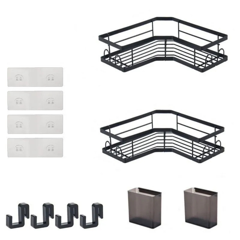 2-Pack Triangular Corner Shelves, Wrought Iron Bathroom Rack - Black
