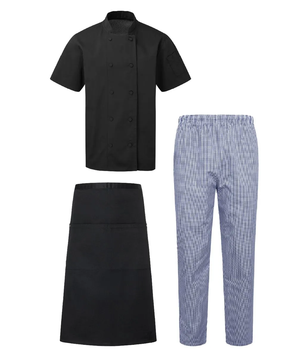 Chef's Black/Blue Cotton/Twill Chef Clothing Set - 3 Piece Set