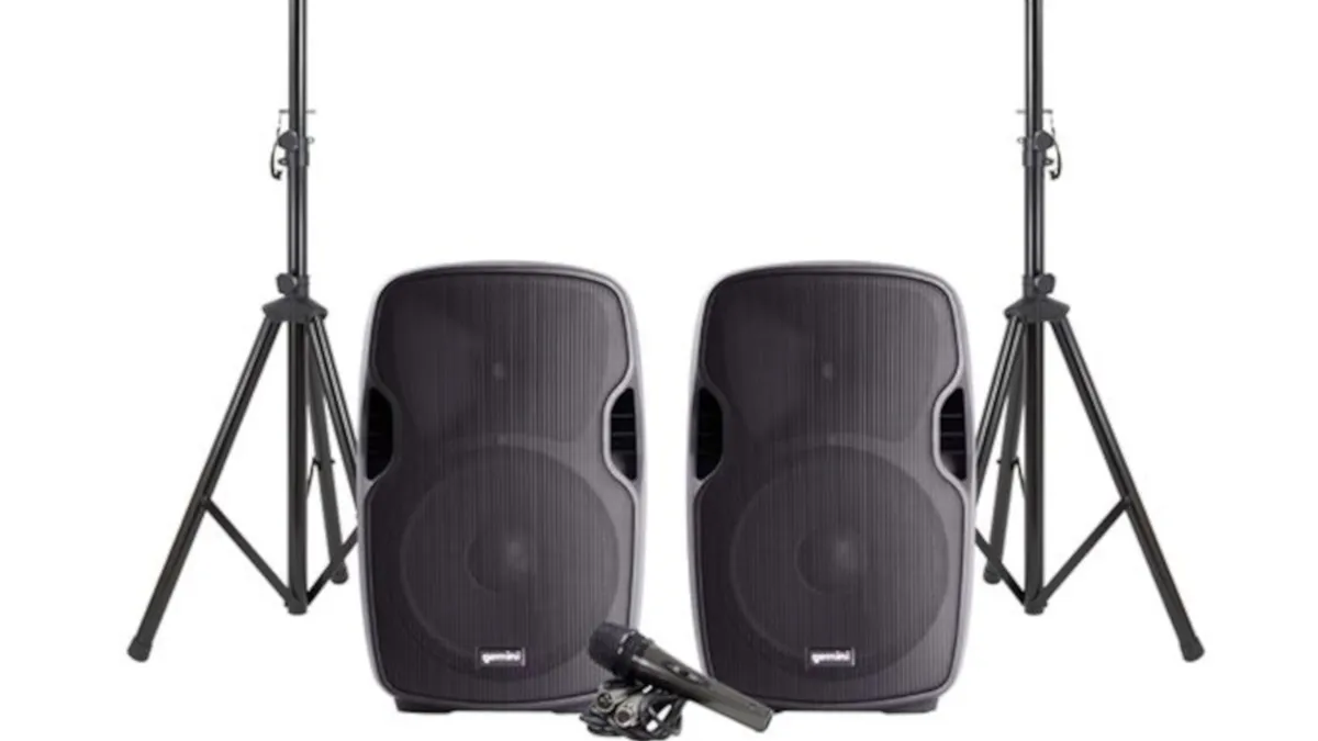 Gemini PA SYS15 - Dual 15" Speaker Package incl Speaker Stands, Mic & Cable