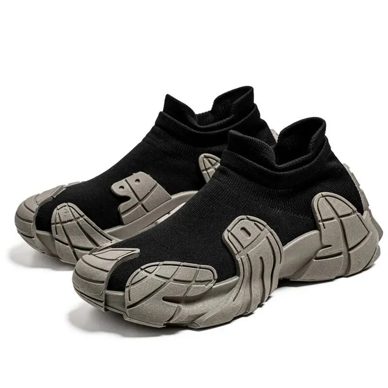 Streetwear-Style Breathable Sock Shoes - Thick Sole Casual Sneakers - Black