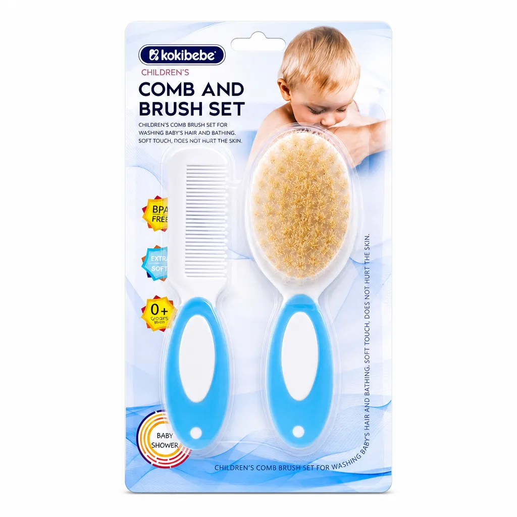 Soft Baby Comb and Brush Set - BPA Free Newborn Grooming Kit - Blue