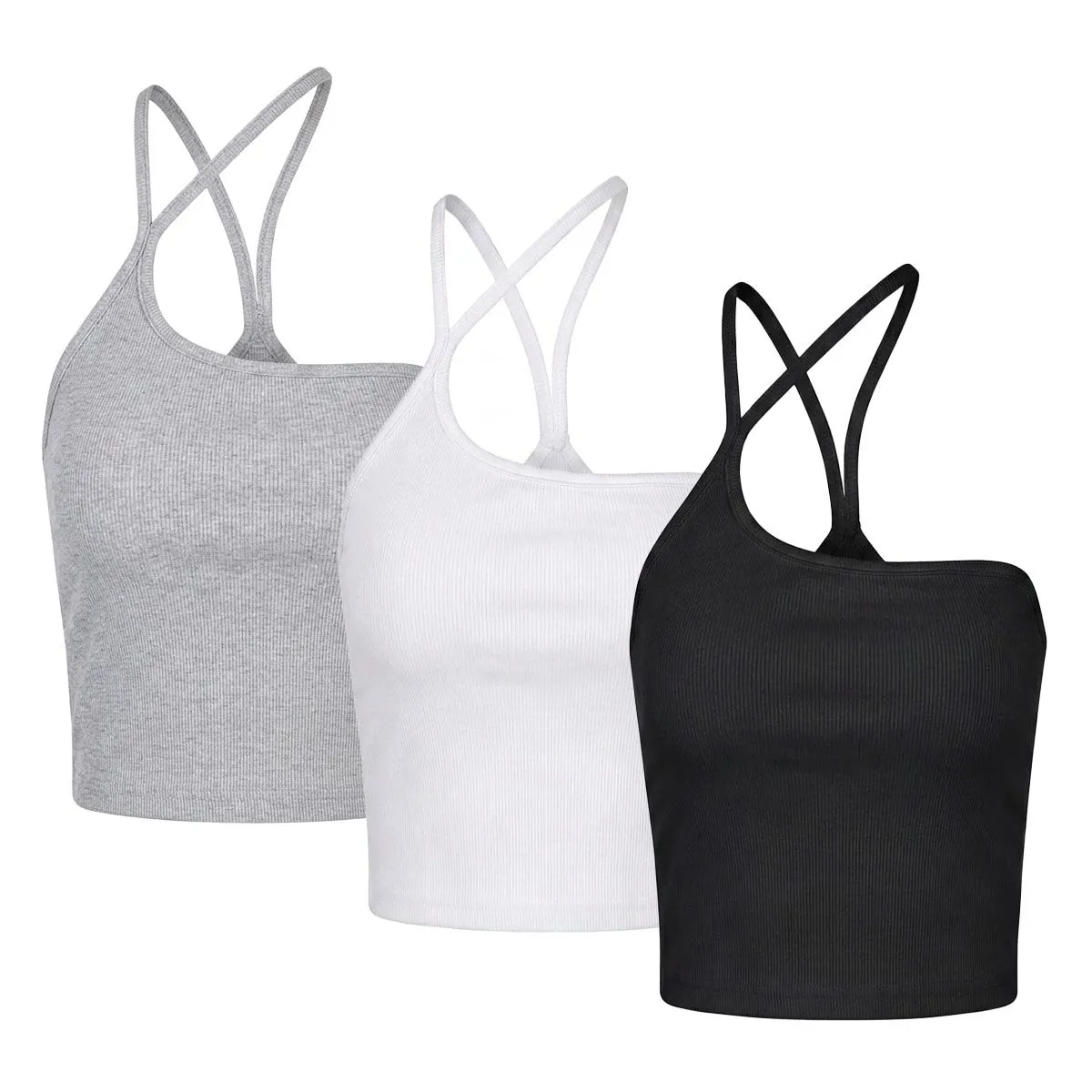 3-Pack Women's Ribbed Crisscross Crop Tank Tops - Black, White & Grey