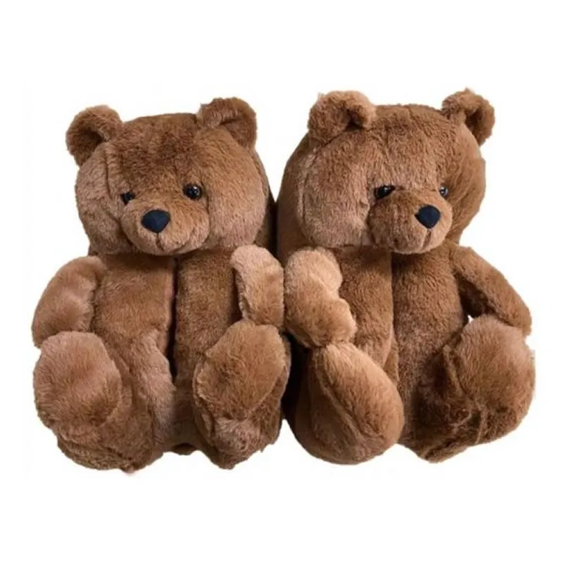26cm Women Winter Plush Teddy Bear Slippers - Dark brown