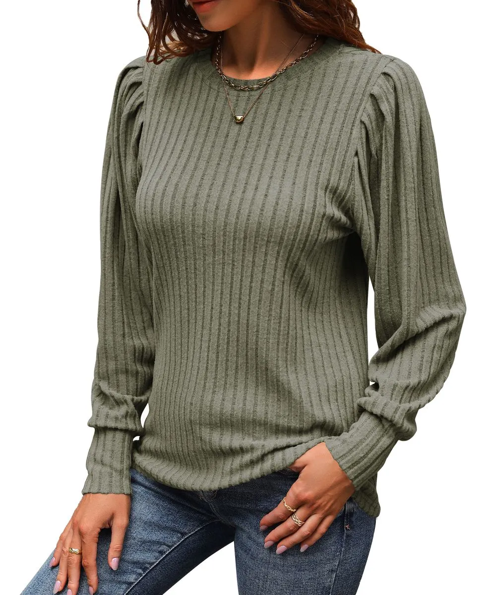 Women Puff Long Sleeve Top Shirt Casual Blouse Crew Neck Elegant Tunic Tops - Green - XL