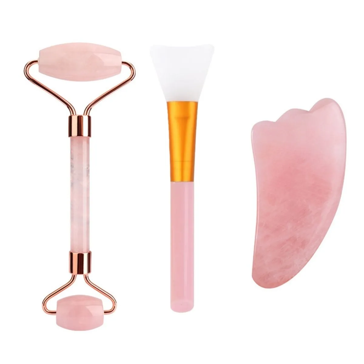 3 in 1 Rose Quartz Face Roller & Gua Sha Facial Tool, Skincare Set - Pink