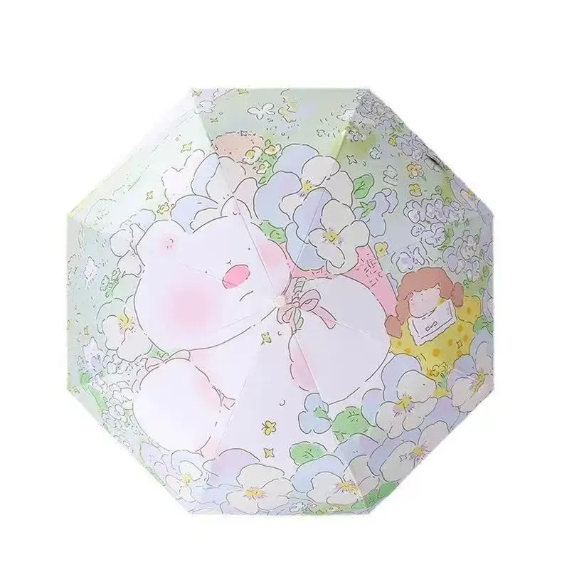 Cream Bear Garden 3-Fold Umbrella | Girly Hand-Painted Floral Umbrella