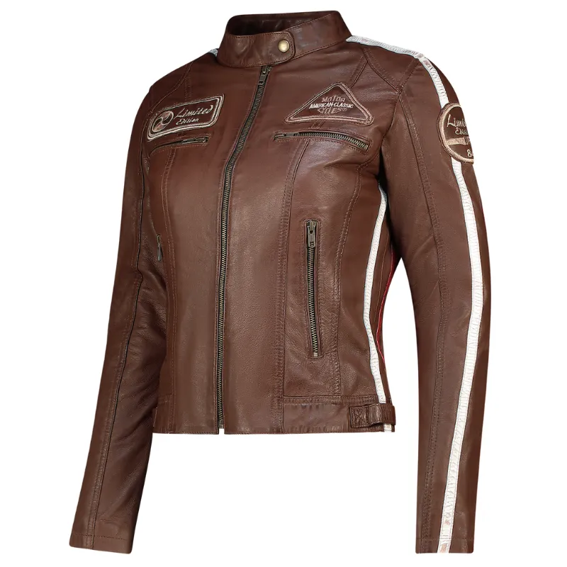 Nexo Ladies Café Racer Leather Jacket - Light Brown